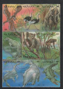 Guyana # 2675A, Jurassic Period Animals,  Block of 9, Used CTO, 1/3 Cat.