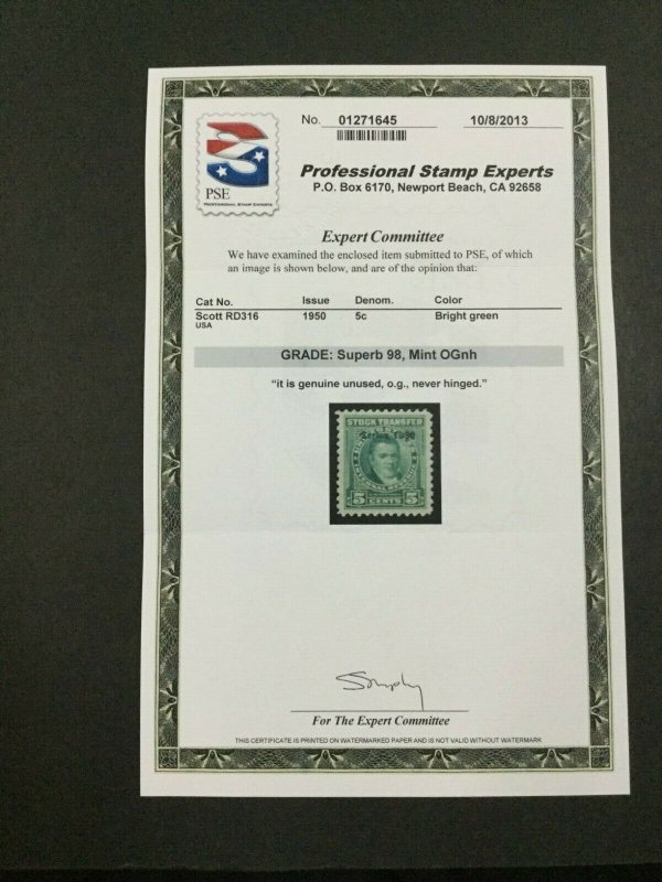 MOMEN: US STAMPS #RD316 REVENUE MINT OG NH PSE GRADED CERT SUP-98