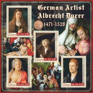 Stamps. Art. Painting Albercht Durer  2022 year Ghana 1+1 sheet perforated