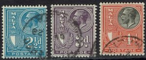 MALTA 1926 KGV 2½D 3D AND 4D INSCRIBED POSTAGE USED