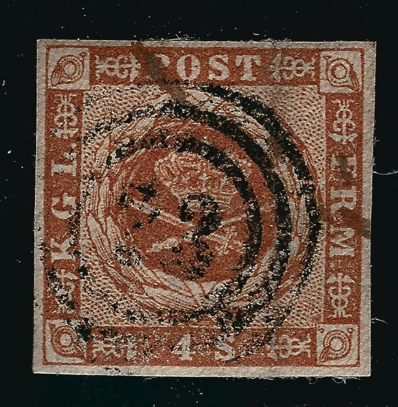 Denmark 1854 Scott #4a VF Great 23 Numerical cancel Cat $15