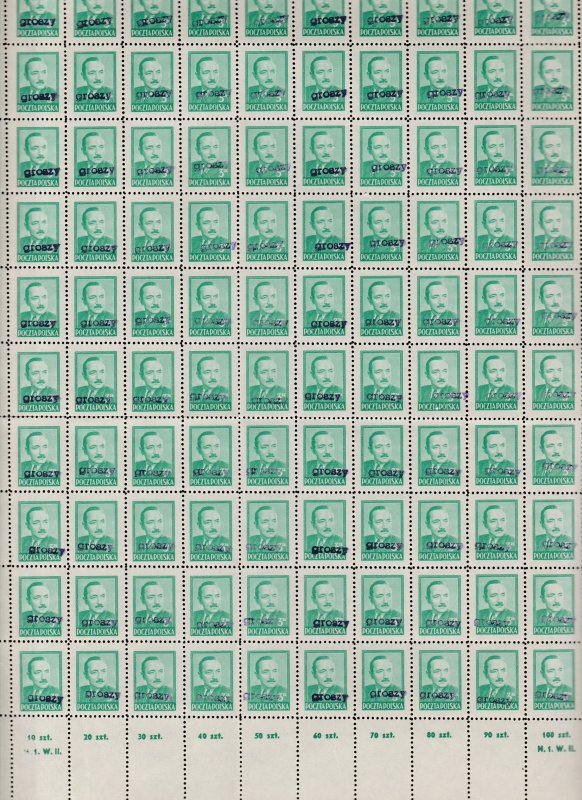 POLAND 1950 BIERUT GROSZY OVPT Type 2A GDANSK PURPLE MNH FULL SHEET OF 100, RARE