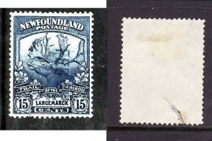 Newfoundland-Sc#124- id8-used 15c Langemarck-Caribou-1919-small mark on back