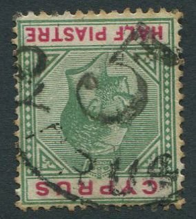 1912 Cyprus ½pi with good strike of R.P.O. 5  railway postmark. Perf toning.