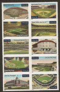 US 3510-3519 3519a Baseball's Legendary Playing Fields 34c block set MNH 2001