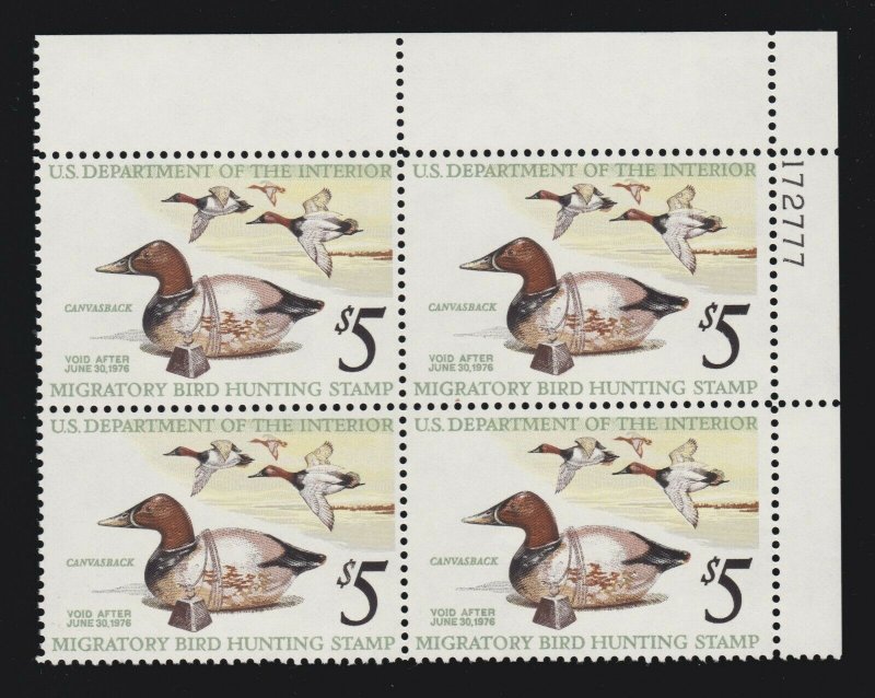 US RW42 1975 $5 Duck Stamp Mint UR Plate #172777 Block of 4 XF OG NH SCV $65