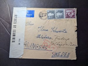 1945 Censored British Palestine Airmail Cover Jerusalem to Alingsas Sweden