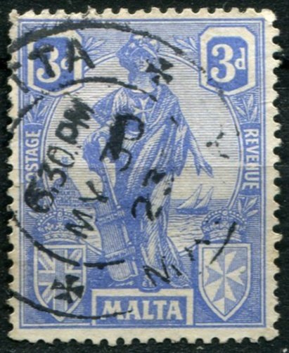 Malta Sc#105 Used, 3p ultra, Definitives 1922-1926: Melita & Britannia (1922)