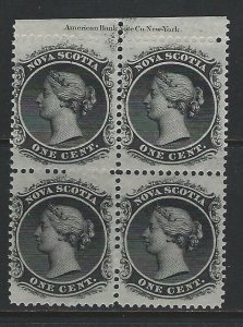 NOVA SCOTIA - #8 - 1c QUEEN VICTORIA INSCRIPTION BLOCK OF 4 MNH OG 