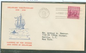 US 836 1938 FDC - 3c Delaware Tercentenary (Swedish-Finnish settlement) on an addressed (typed) FDC with a Von Losberg cachet.