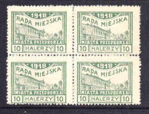 POLAND 10h PERF BLOCK 4 RADA MIEJSKA 1918 LOCAL NO GUM AS ISSUED F/VF SOUND