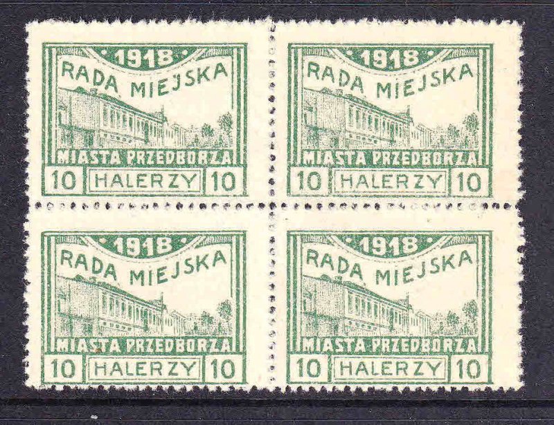POLAND 10h PERF BLOCK 4 RADA MIEJSKA 1918 LOCAL NO GUM AS ISSUED F/VF SOUND
