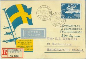 87417 - SWEDEN - Postal History - Registered FDC Cover Special Flight 1936 