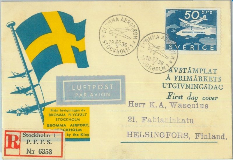 87417 - SWEDEN - Postal History - Registered FDC Cover Special Flight 1936