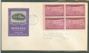 US 858 1939 3c 50th Anniversary of Montana Statehood (block of 4) on an addressed (typed) FDC with an Ioor cachet