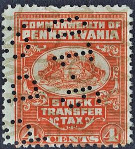 Pennsylvania 4¢ Stock Transfer Stamp (Perfin)