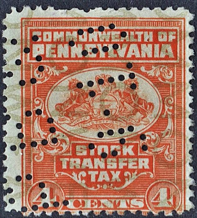 Pennsylvania 4¢ Stock Transfer Stamp (Perfin)
