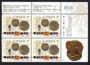 CUPIDS NEWFOUNDLAND MAP, ARTIFACTS Canada 2010 #2403 MNH UR BLOCK of 4 w/Barcode