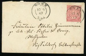 North German Confederation Bonn to Dusseldorf 1869 Cover 1gr Postage #4