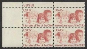 1979 Year of the Child Plate Block of 4 15c Postage Stamps, Sc# 1772, MNH, OG