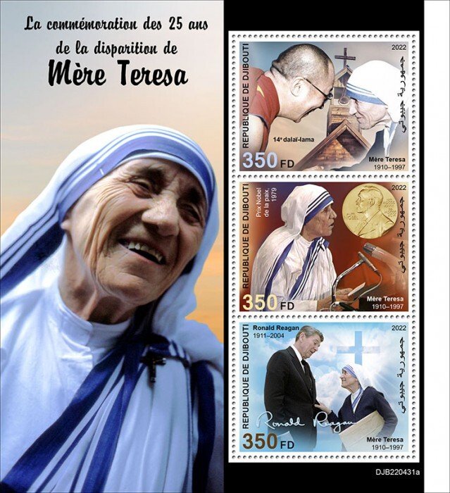 DJIBUTI - 2022 -  Mother Teresa - Perf 3v Sheet - Mint Never Hinged