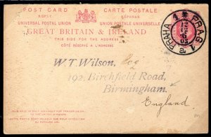 GB USED ABROAD BOHEMIA Reply Card Prague CDS Birmingham Philately 1903 83b.11