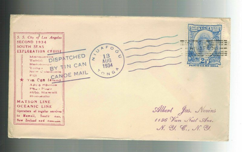 1934 Tonga Toga Tin Can Canoe Mail Cover to NYC USA second South Seas Cruise 3