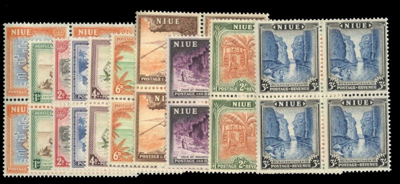 Niue #94-103 Cat$59.20, 1950 1/2p-3sh, complete set in blocks of four, never ...