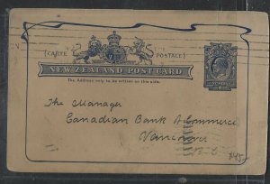 NEW ZEALAND COVER (PP1202B)  1908  KE 1 D PSC TO VANCOUVER, CANADA 
