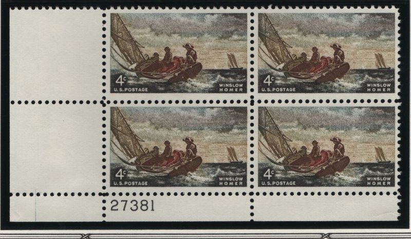 US, 1207, MNH, PLATE BLOCK, 1962, PAINTING BREEZING UP