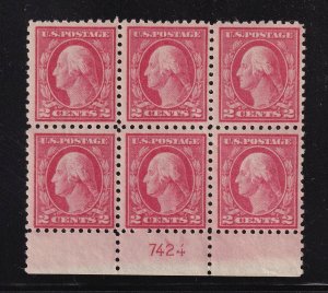 1914 Washington 2c Sc 425 MNH nice full original gum, plate block of 6 (DT