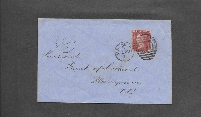 GREAT BRITAIN 1d RED ON 1871 COVER-COLCHESTER