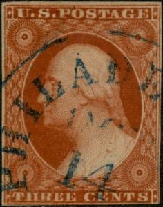 #10A COPPER SHADE, WITH BLUE TOWN CANCEL & TINY THIN CV $1250.00++ BP6262