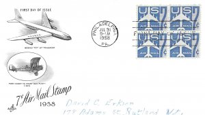 1958 Air Mail FDC, #C51, 7c Blue Jet, Art Craft, block of 4