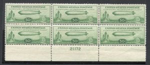 UNITED STATES SCOTT #C18: 50c ZEPPELIN VF BOTTOM PLATE BLOCK MINT NEVER HINGED