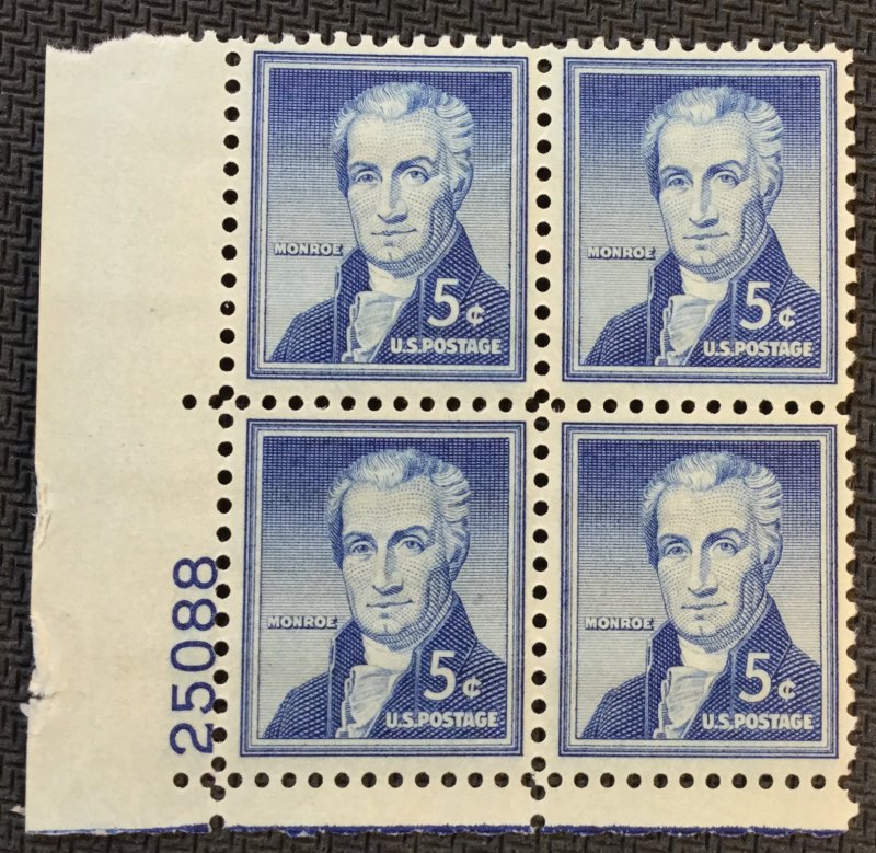 US #1038 MNH Plate Block of 4 James Monroe SCV $1.00 L18