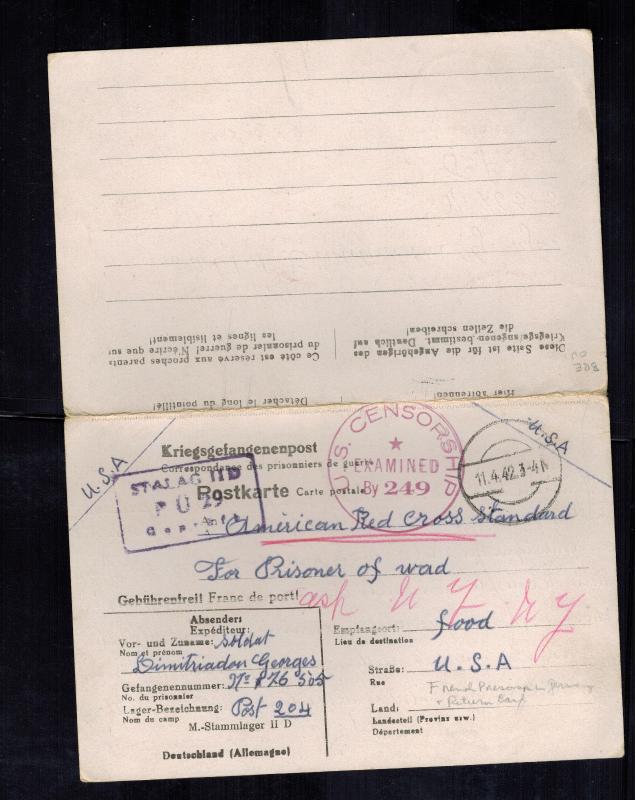 1942 Germany Stalag 2D French Prisoner of War POW Dual Reply PC Cover to USA 