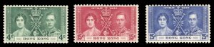 Hong Kong #151-153 Cat$24, 1937 Coronation, set of three, never hinged