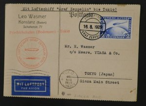 1929 Germany Graf Zeppelin LZ 127 Postcard Cover To Tokyo Japan Leo Wasmer YUASA