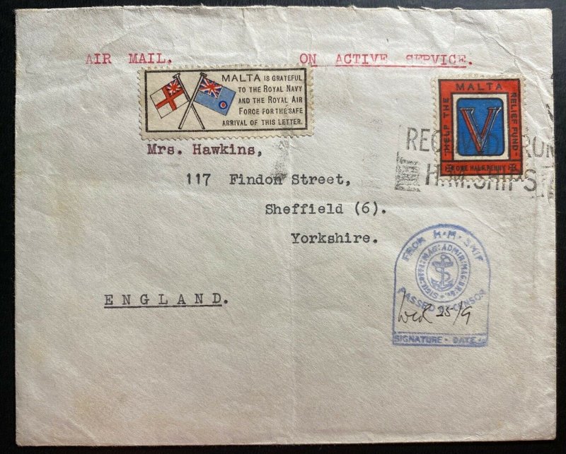 1940s Malta Rare Airmail OAS Cover To Yorkshire England Both Patriotic Labels