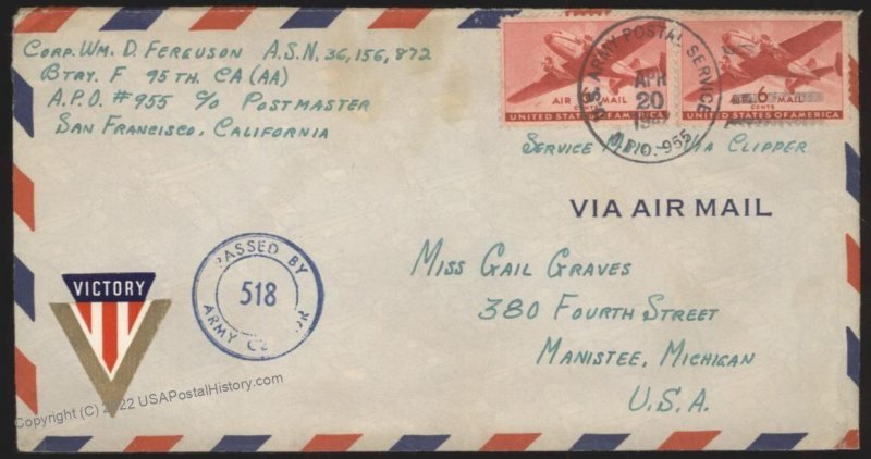 Hawaii USA APO 955 Victory Military Territorial Mail Cover 109144