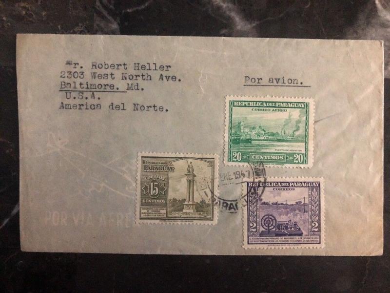 1947 Asuncion Paraguay Airmail Cover To Baltimore MD USA