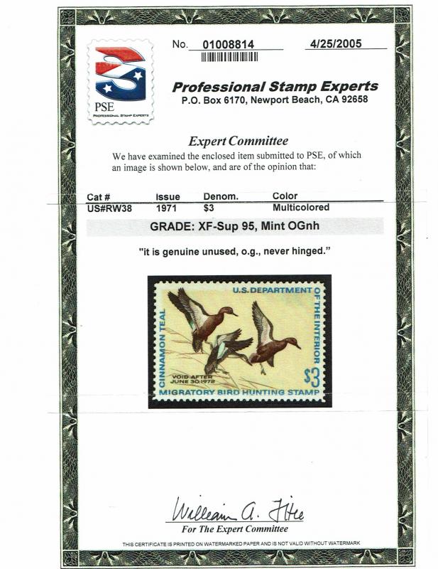 Scott #RW38 XF/Sup-OG-NH. SMQ - $110.00