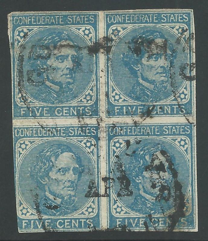 CSA Scott #7 Used Block of 4 Confederate Stamps Guineys, VA April Date