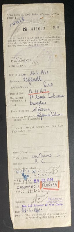 1944 Italian Prisoner Of War MEF POW Army Form Cover To Italy Ferrara