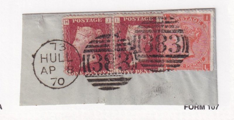 GB PAIR PENNY REDS PLATE 124? WITH PLATE 11 VERMILLION HULL 1870 SON DUPLEXES YA