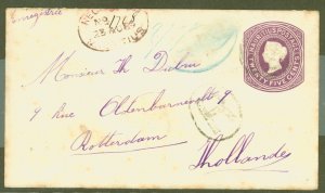 Mauritius  1889 QV 25c envelope on white wove, French paquebot and Rotterdam cancels on reverse, minor soiling
