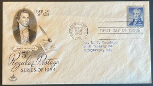 JAMES MONROE #1038 DEC 2 1954 FREDERICKSBURG VA FIRST DAY COVER (FDC) BX6