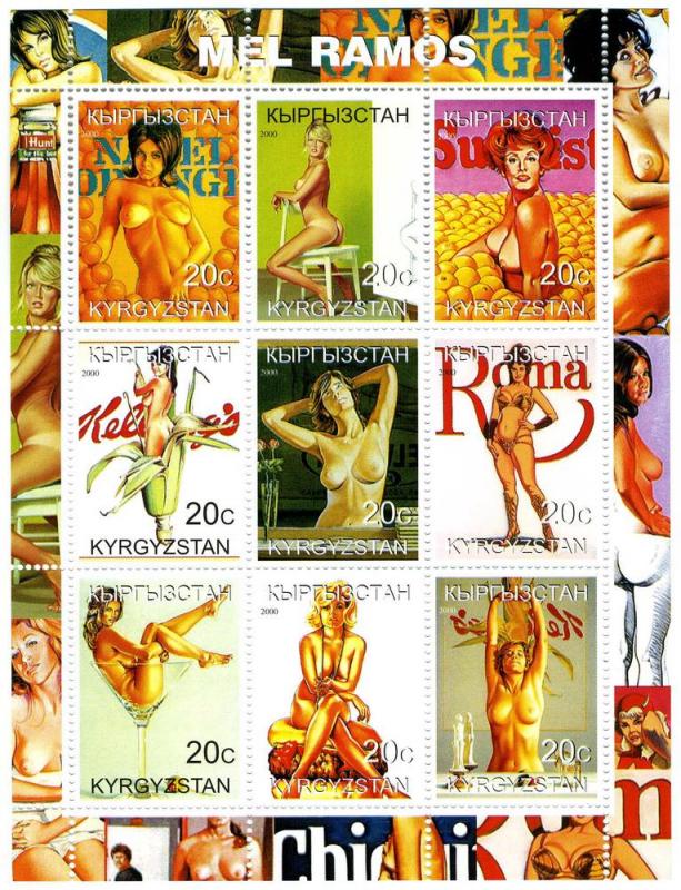 Kyrgyzstan 2000,Mel Ramos Pop Art Sheet (9)Perforated mnh.vf