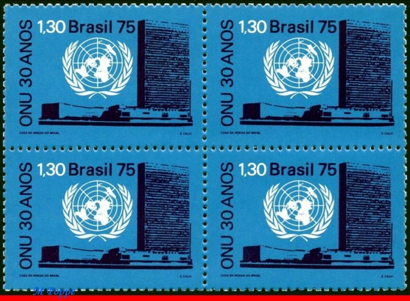 1422 BRAZIL 1975 UN UNITED NATIONS, 30 YEARS, EMBLEM, MI# 1518 C-920, BLOCK MNH